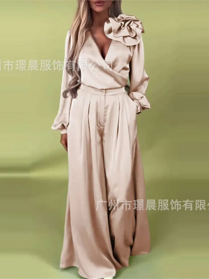 Fashion Solid Color Satin Long Sleeve Shirt Women 2 Piece Spring Autumn New Casual Loose Wide Leg Pants Pocket Female Office Set