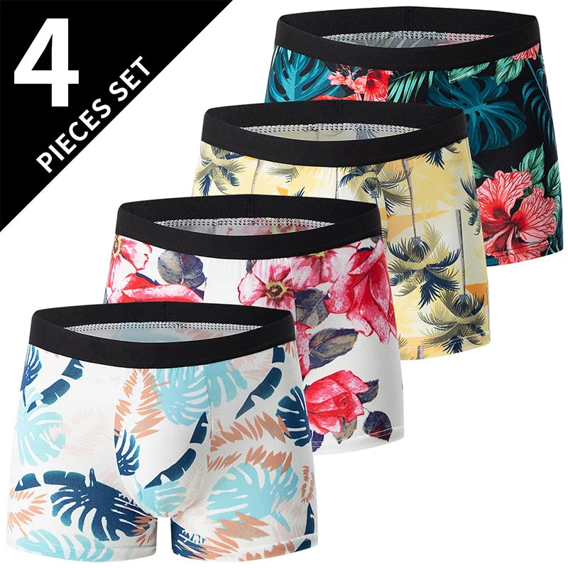 4/5Pcs European and American Size MEN'S Printed Fashion Boyshort Comfortable MEN'S Waist Plus Size Underwear Sexy Swimming Trunk