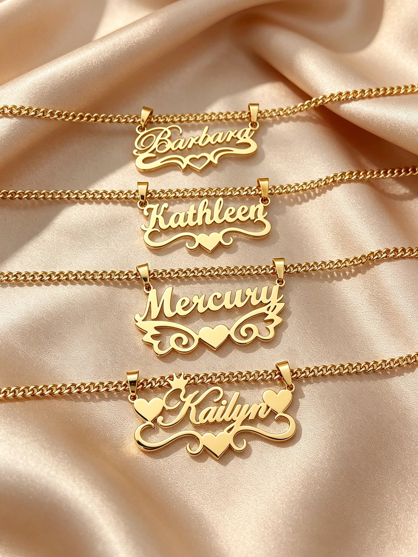 Personalized custom name jewelry necklace, featuring 5 different styles, crafted from 18k gold stainless steel, perfect for ever