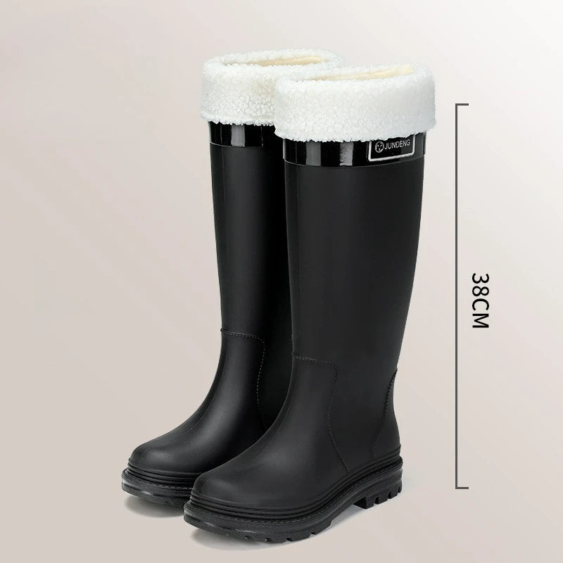 Adult Fashion Tall Rain Shoes Women's Water Boots Velvet Waterproof and Non-slip Outer Snow Boots