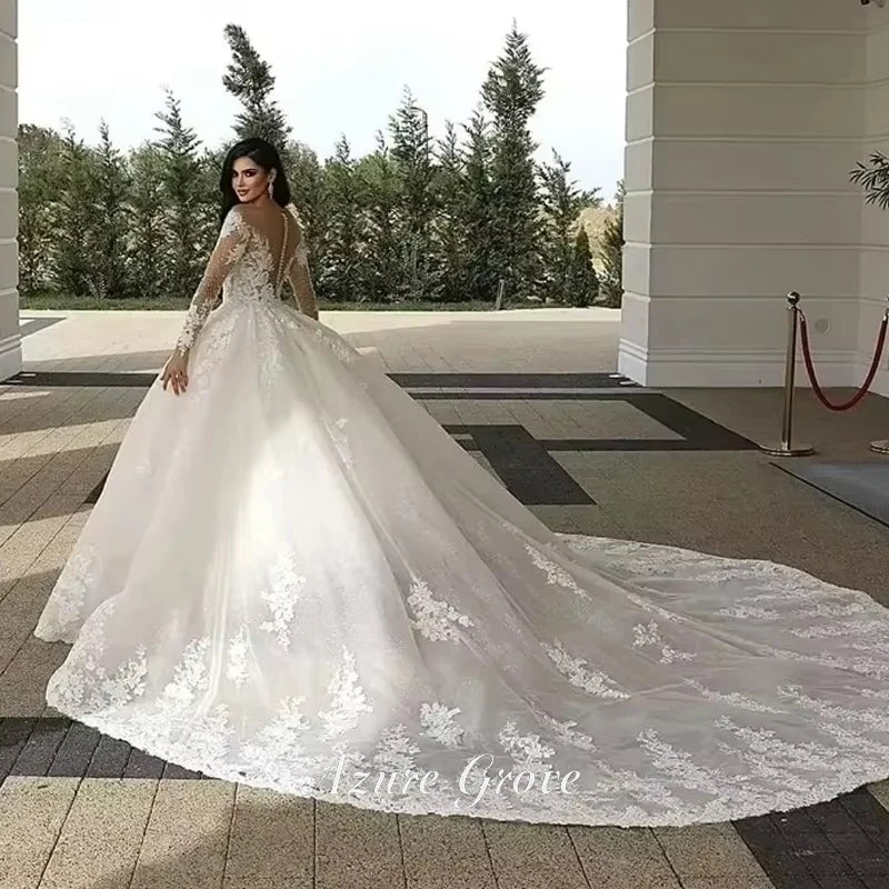Azure Customized Women A-Line Wedding Dresses Sexy Lace Long Sleeves Tulle Bridal Gowns Engagement Banquet Robes De Mariee