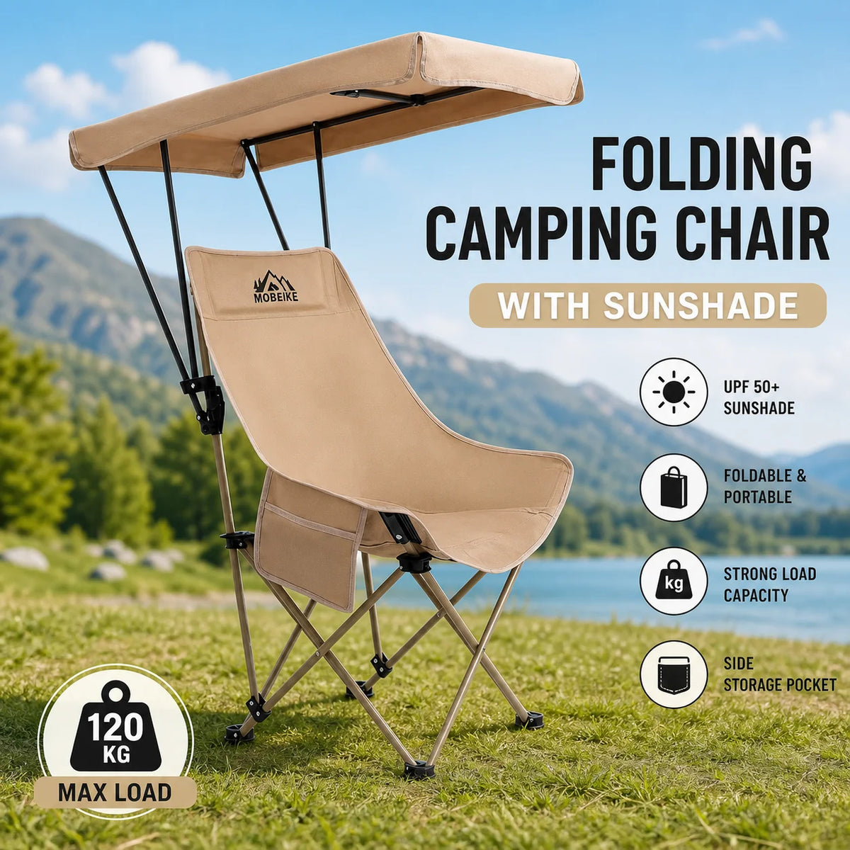2026 New Camping Chair with Shade Detachable Outdoor Folding Chair with Sun Shelter Umbrella Adjustable Canopy Cover Foldable