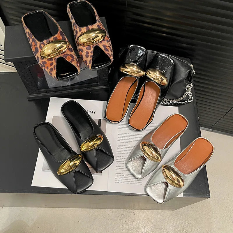2026 new elegant temperament metal buckle fish mouth slippers fashionable flat shoes PU slippers