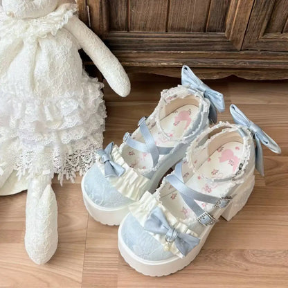 Lovely Girls Pink Lolita Butterfly Knot High Heels Platform Shoes for Women Cute Sakura Dress Mary Janes Beige Size 34-42