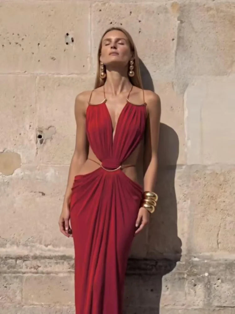 Sexy Women's Backless Dress Halter Sleeveless Waist Hollow Out Solid Female Dresses 2026 Summer Vacation Beach Fashion Lady Robe