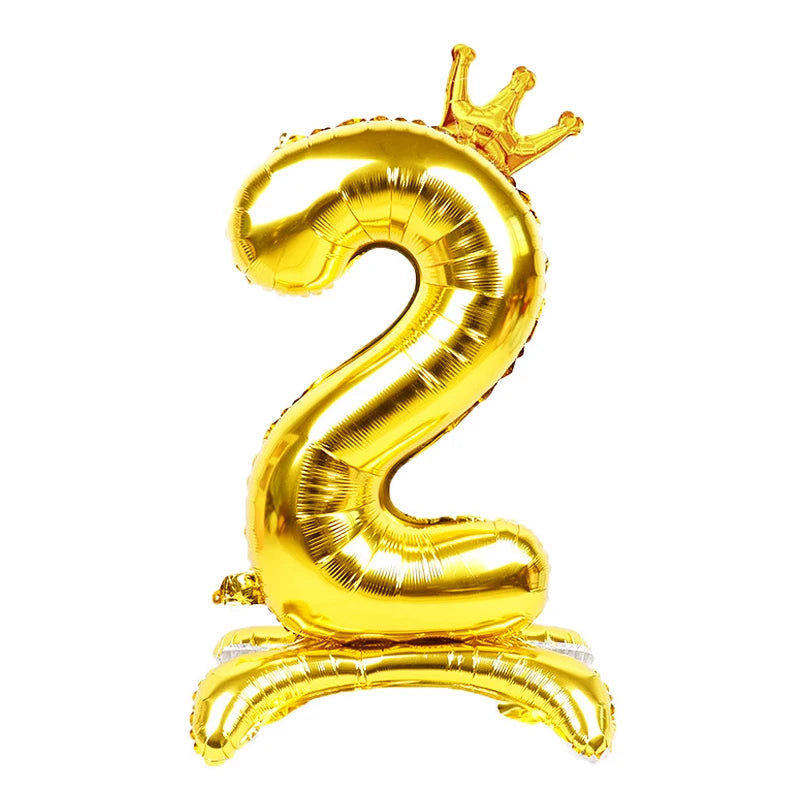 32 Inch Gold Number Stand Foil Balloons with Crown Digital Figures Globos 0-9 Birthday Party Wedding Decoration Kids Baby Shower