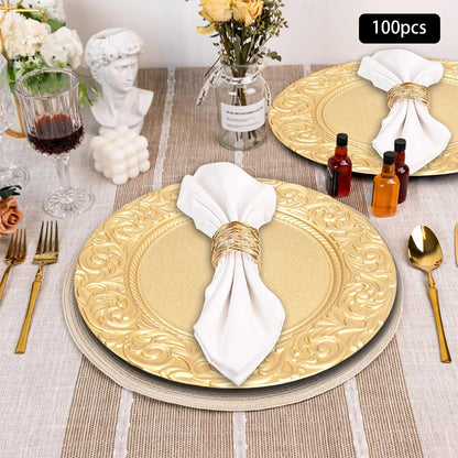 100-Pack Gold Charger Plates – Pp – 13" Embossed Rim – Spray Painted – Stackable – Elegant Wedding Banquet Party Table Decor