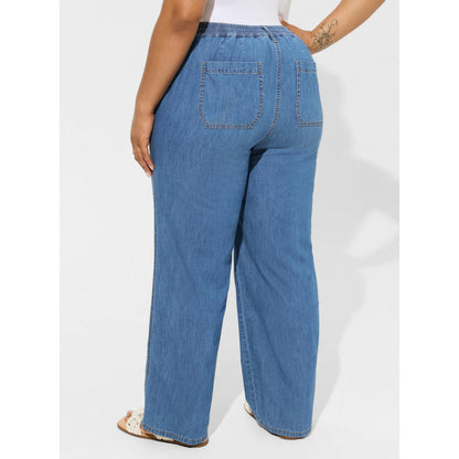 Wholesale Customizable Premium Quality Women's Loose Fit Jeans Breathable High Collar Washed Denim Pant Casual Plus Size Lace