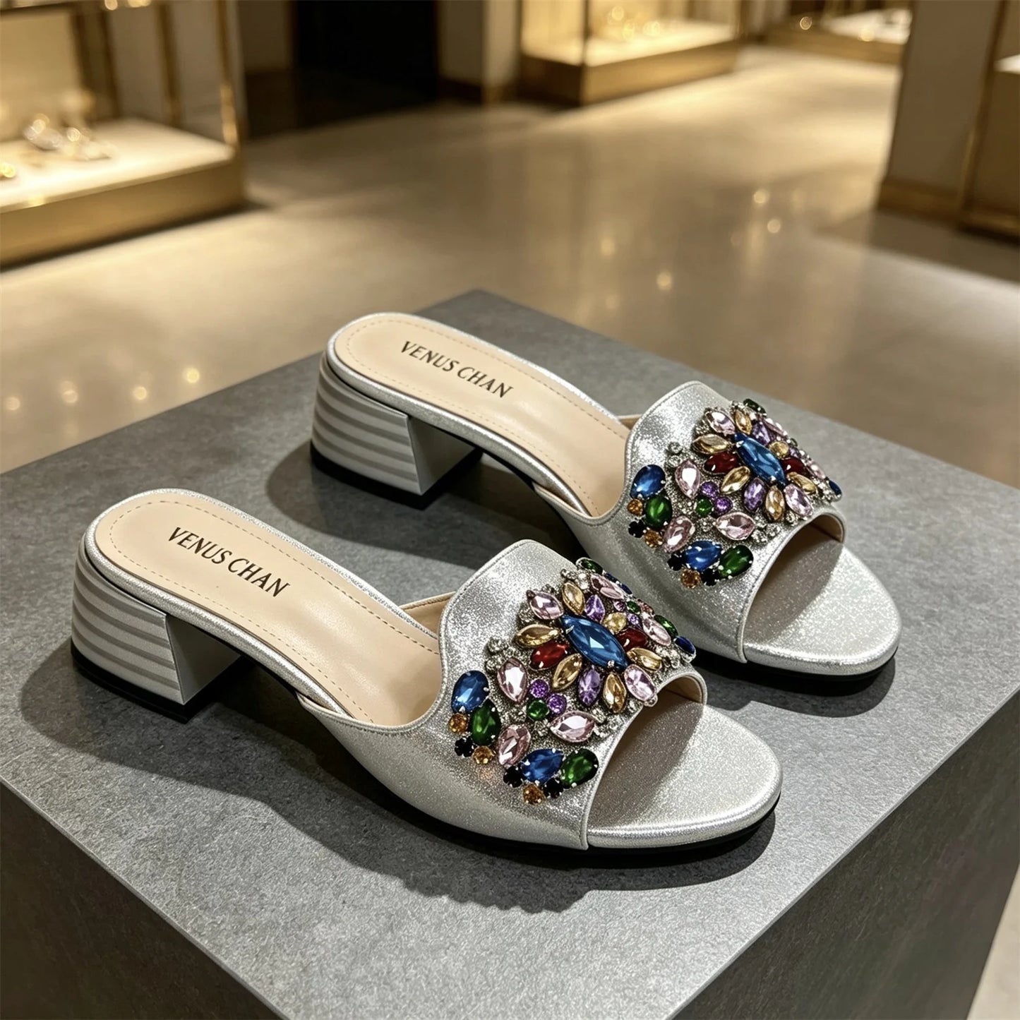 Women's Luxury Gold Satin Low Block Heel Mules Sparkly Colorful Gem Rhinestone Jeweled Open Toe Slide Sandals Summer Party Shoes
