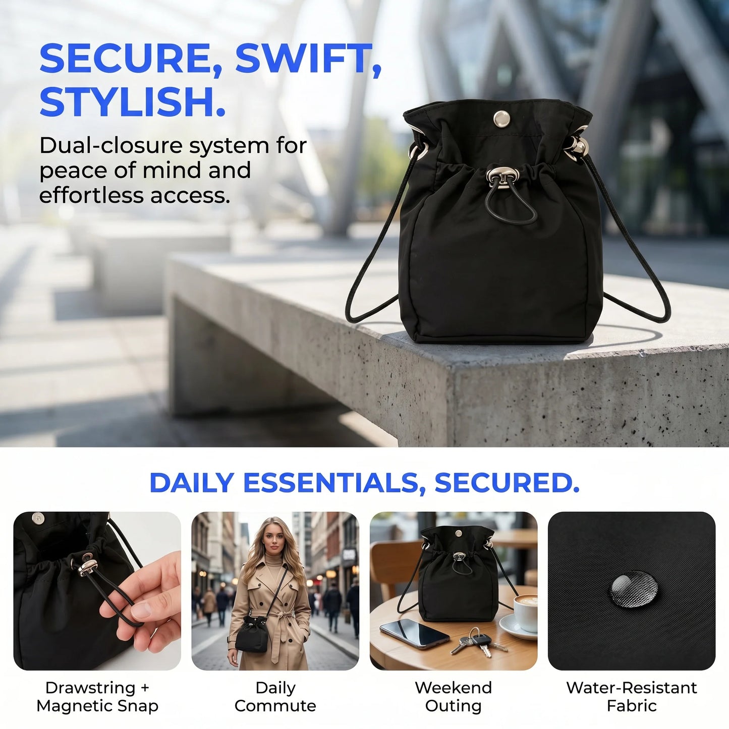 Unisex Lightweight Waterproof Nylon Drawstring Crossbody Bag Mini Dual Closure Adjustable Phone Shoulder Purse Travel Sling Bag