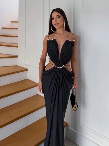 Sexy Backless Party Women's Dress Sleeveless V-neck Slim Maxi Female Vestidos 2026 Fashion Pleated Hollow Out Evening Lady Robe
