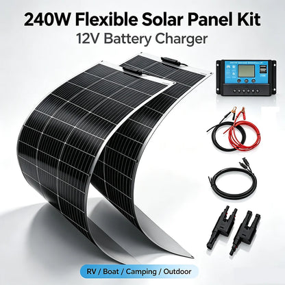 240W Flexible Solar Panel Kit,12V Off‑Grid Solar System & Solar Charge Controller for RV, Boat, Camper, Outdoor Battery Charging
