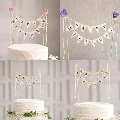 New Birthday Cake Flag Topper Baking Decoration Tools Wood Gadgets Paper Decor Happy Party Birthday Decor With Letter Pattern