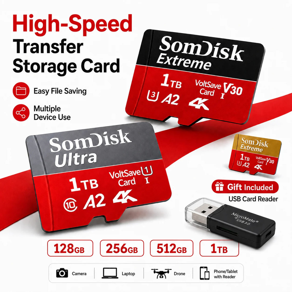 Durable Micro TF/SD Card 64GB 128GB 256GB 512GB Fast Transfer SD Memory Card USB Flash Memory Card for Mobile Phones/PC/Laptop