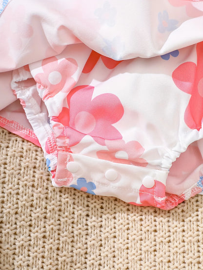 Two-Piece Set of Baby Girl Casual Dresses for Spring and Summer, Cute and Sweet Style Dresses with Cartoon Bear Patches, Floral Digital Print Patterns, Baby Girl Romper and Headband