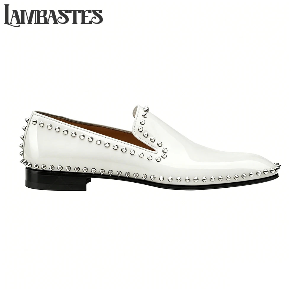 Metallic Stud Trimmed Mens Loafers Patent Matte PU Leather Slip on Shoes Edge Studded Accent Designer Style Formal Dress Shoes