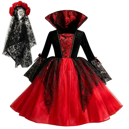 Kids Girls Cosplay Gothic Dark Ghost Bride Witch Vampire Halloween Costume Red Black Tutu Dress Wig Veil Kits Trick or Treat