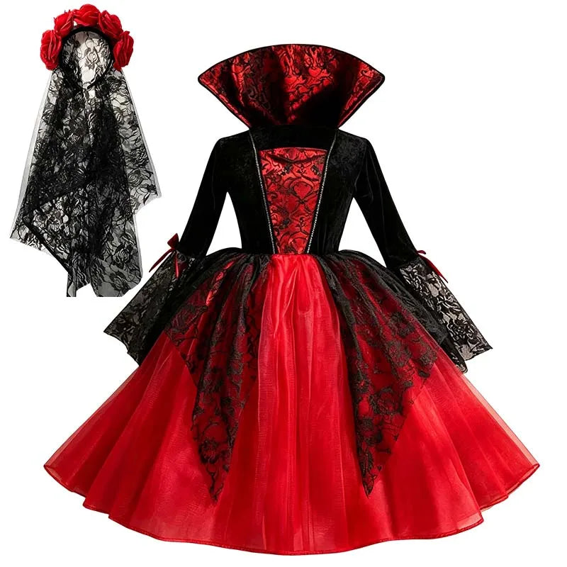 Kids Girls Cosplay Gothic Dark Ghost Bride Witch Vampire Halloween Costume Red Black Tutu Dress Wig Veil Kits Trick or Treat