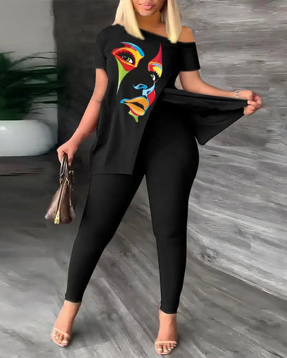 Womens Two Peice Sets Summer Fashion Print Short Sleeve Suit Set Femme Casual Sporty 2Pce One-Shoulder Split Hem Tops &Pants Set