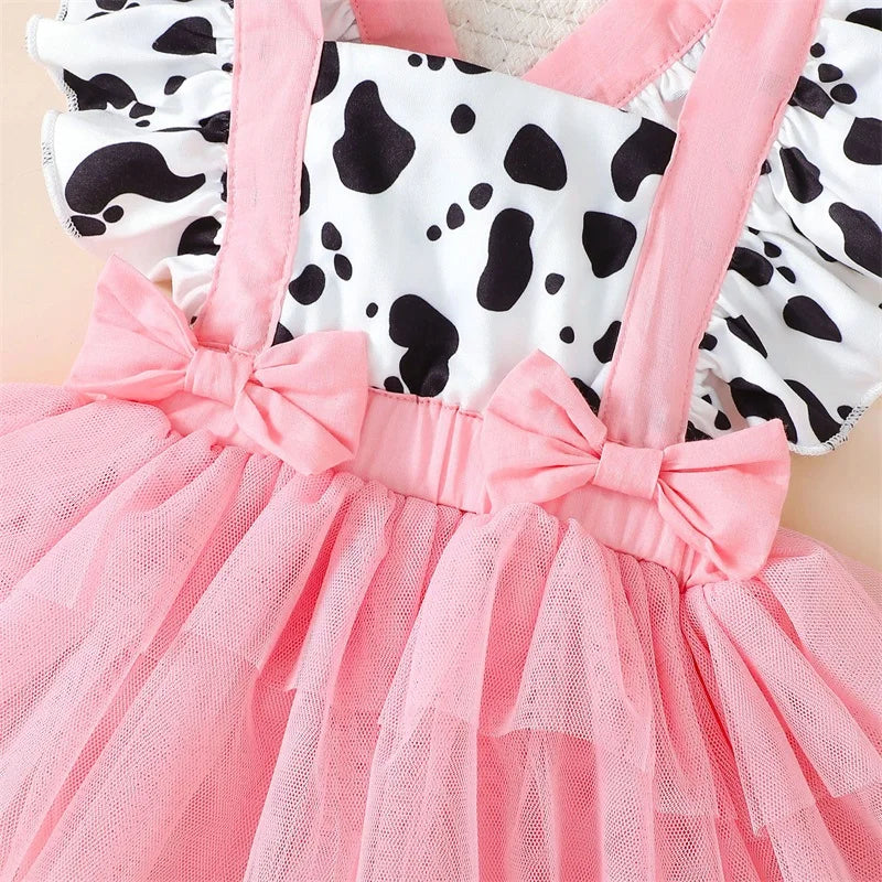 Newborn Baby Girl Pink Cow Print Ruffle Tutu Tulle Romper Dress Princess Birthday Western Cowgirl Summer Outfit