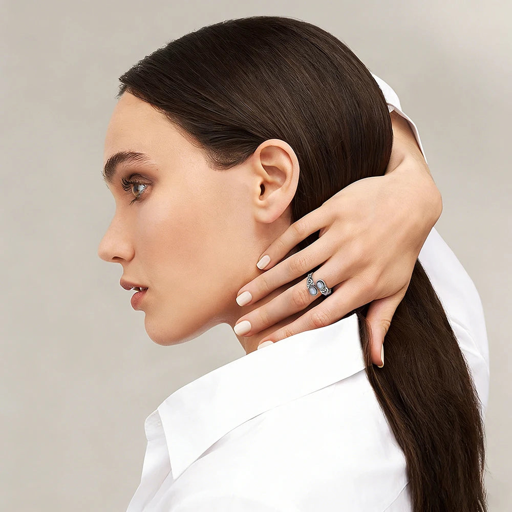925 Vintage Silver Ring with Natural Moonstone 6*8mm Adjustable Rings Flower Bohemia Style Fine Jewelry for Women