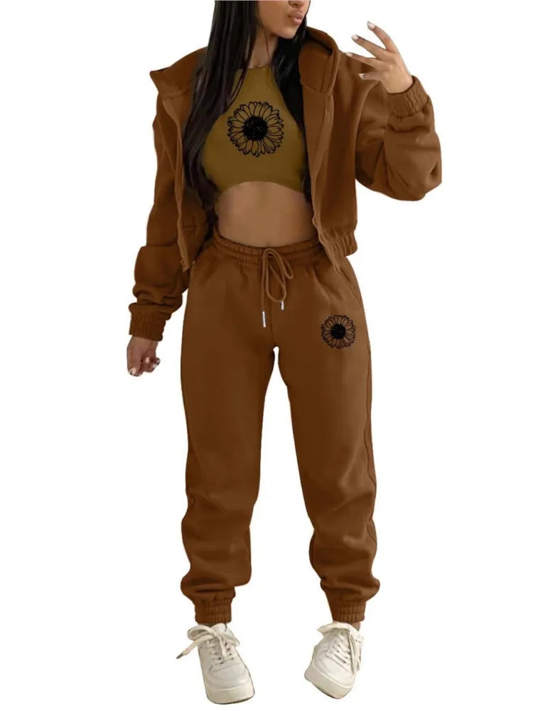 Autumn And Winter New Fleece Hoodie Letter Print Hooded Women's Suit Fashion Loose Casual Sports Pants Female 3 Piece Set 2024