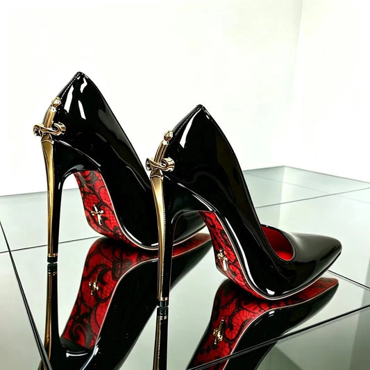 9CM-12CM Fashion Womens High Heel High Quality Metal Scepter Stiletto Pointed Leather Women Shoes Premium Single Shoes for Women