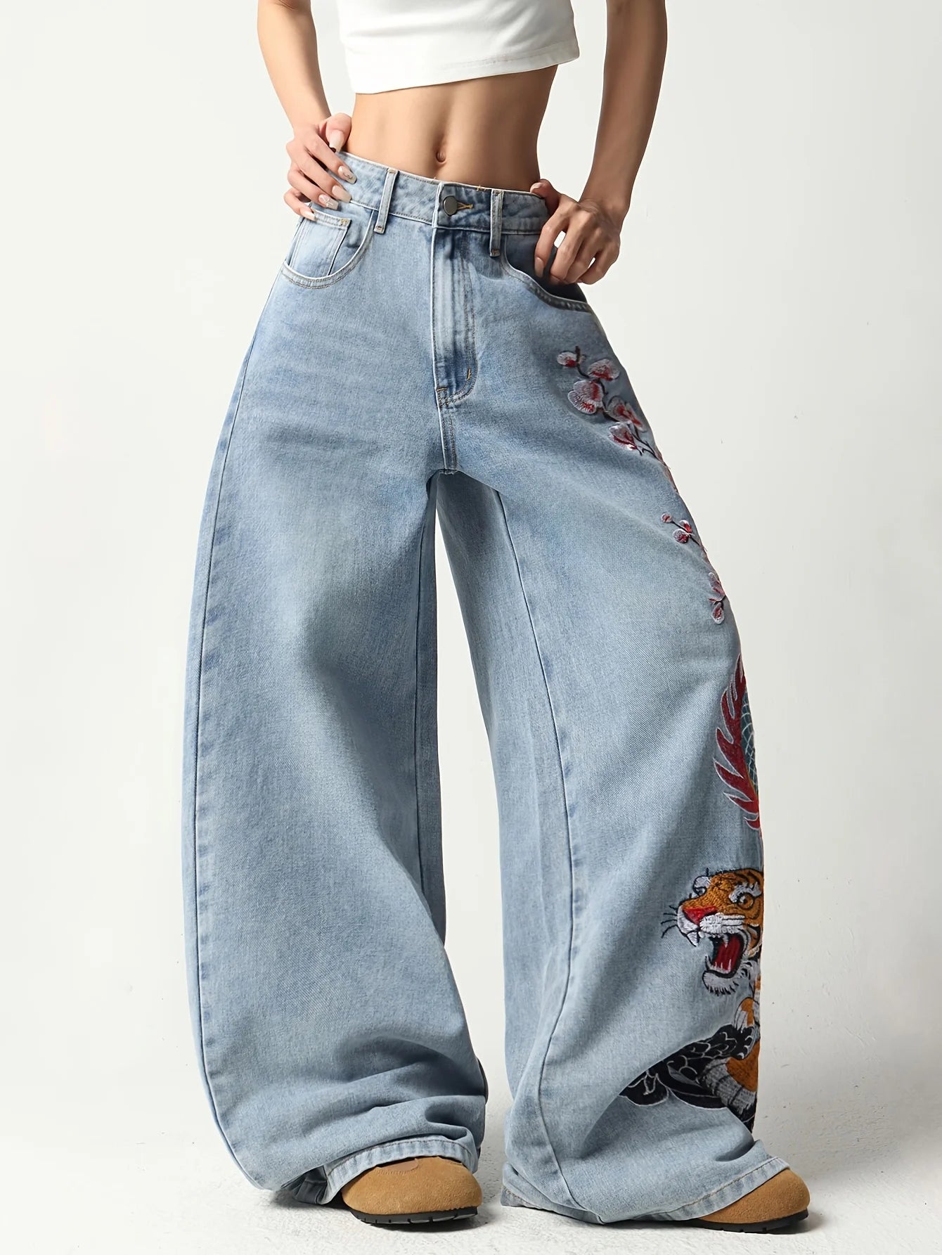 European And American Wide-Leg Denim Pants, Featuring Dragon, Tiger, Plum Blossom, And Cloud Embroidery, High-Waisted Jeans