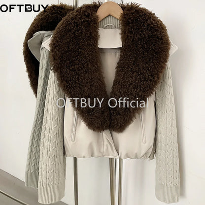 OFTBUY Women Winter Real Lamb Wool Fur Collar 90 White Duck Down Jacket Cable Knit Sleeve Zipper Drawstring Cropped Coat