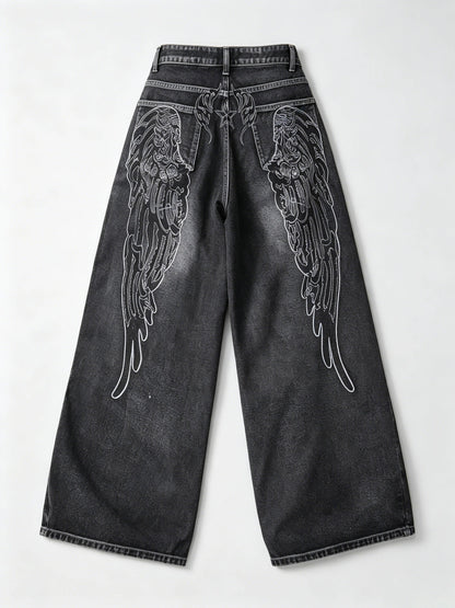 1 Pc American Retro Creative Wing Embroidered Women's High-Waisted Jeans, Fashionable And Versatile Slimming Wide-Leg Trousers
