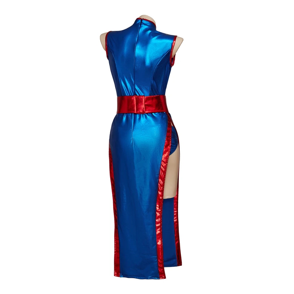 Anime Chichi Cosplay Costume High Split Cheongsam Woman's Sexy Blue Battle Suit Halloween Party KongFu Dress