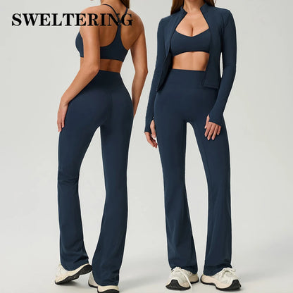 Fitness Suit 2PCS Women Tracksuit Sports Zipper Long Sleeve Yoga Set Gym Clothes Flared Pants Sportswear Female Workout Clothes