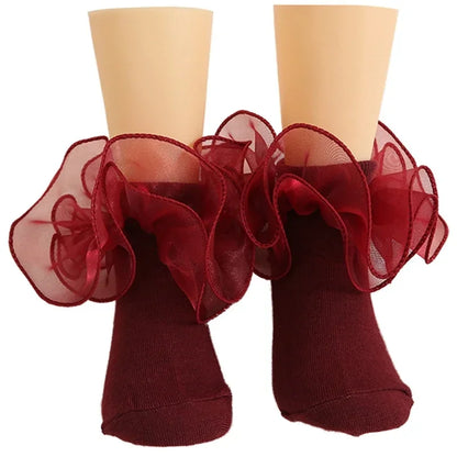 1 Pair Girls' Puffy Lace Socks Children's Combed Cotton Lace Lace Socks Baby Girl Skirt Accessories Solid Color Socks