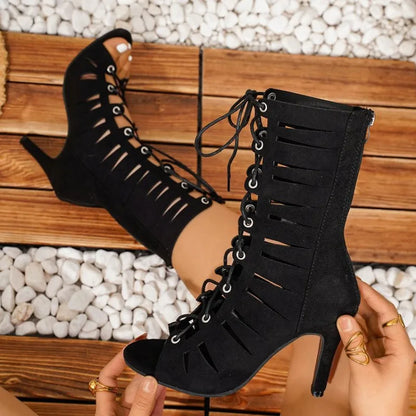 Women Sexy High Heel Sandals Ankle Boots Lace Up Peep Toe Stiletto Gladiator Cut Out Party Dress Shoes Fashionable Back Zip New