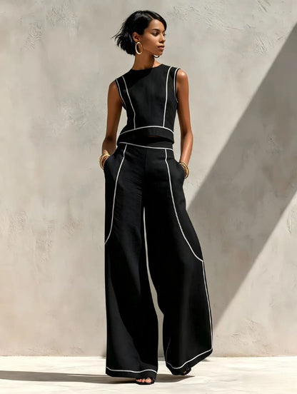 Women Striped Print 2 Piece Set Sleeveless Round Neck Tank Top High Waist Pocket Wide Leg Trousers Suit New Summer Resort Outfit
