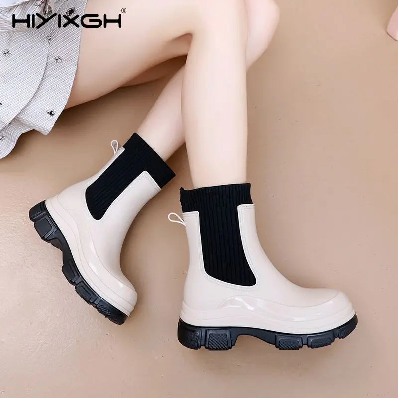 Women’s All-Season Black Durable Work Rain Boots, Waterproof Anti-Slip Platform Sole, Korean-Style Outdoor Fashion Boots
