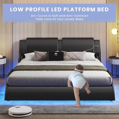 Modern Upholstered Queen Platform Bed Frame,Headboard with LED Lights & Charging Ports,Bedroom Furniture,Faux Leather, Custom