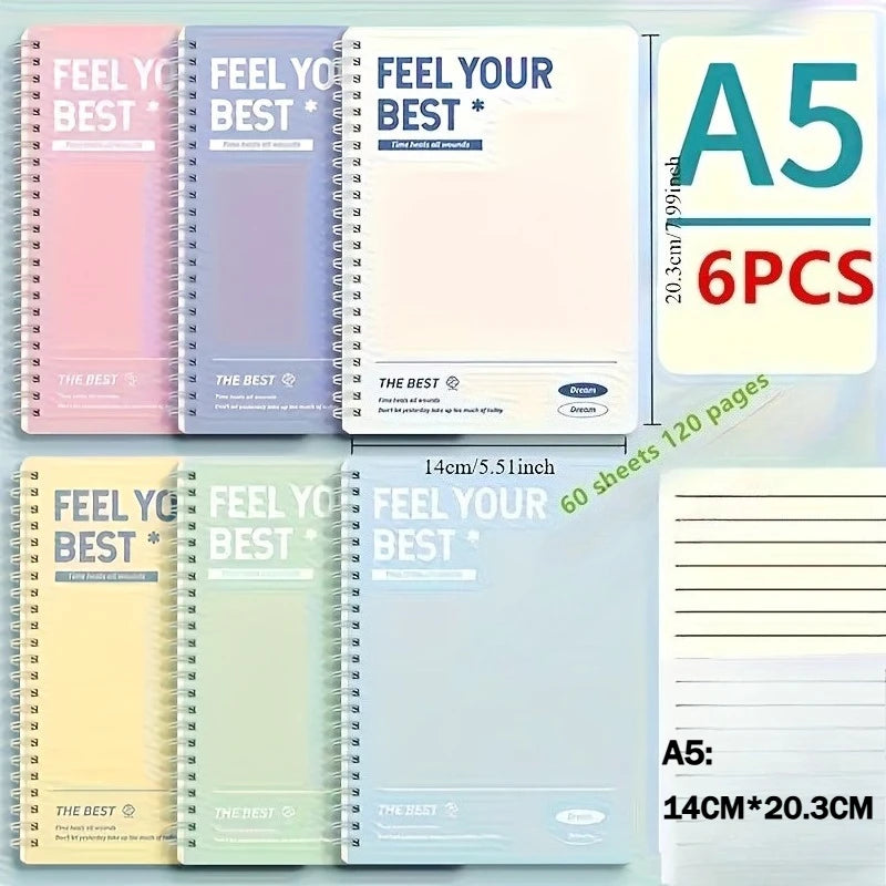 6pcs Spiral Notebook, Simple A5/B5 Hardcover Spiral Notebook, Tear-out Pages with Horizontal Lines, Office and School Supplies
