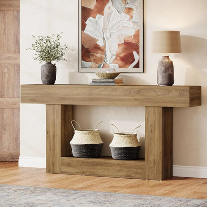 Tribesigns 63" Console Table, Farmhouse 2-Tier Entryway Table with U-Shaped Base, Narrow Long Wood Sofa Table Behind Couch Table