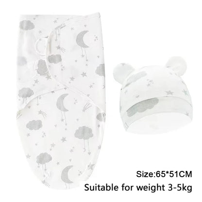 Baby Blanket Hat Set Cartoon Printed Cotton Newborn Swaddle Adjustable