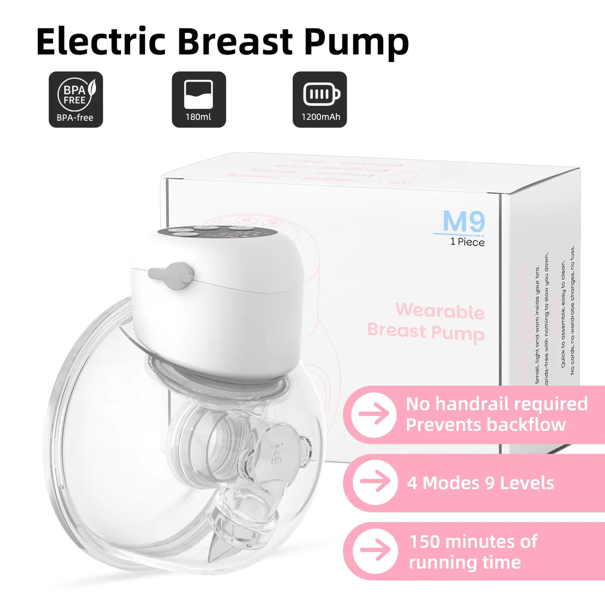 Wearable Breast Pump Hands Free Electric Breast Pumps Comfort Milk Collector with LCD Display 4 Modes & 9 Level, 300mmHg MAX