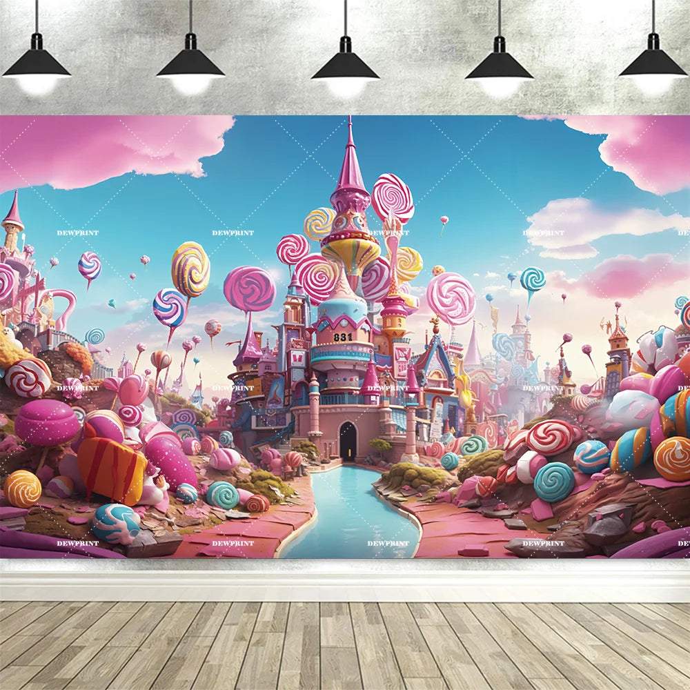 Sweet Candy Castle Cherry Blossom Theme Birthday Photography Background, Children's Birthday Party Banner Photography Background