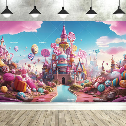Sweet Candy Castle Cherry Blossom Theme Birthday Photography Background, Children's Birthday Party Banner Photography Background