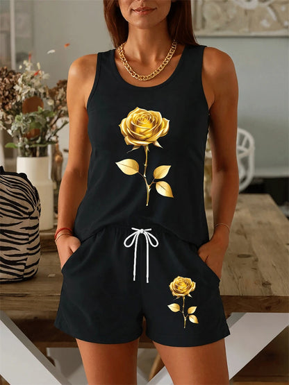 New Summer Women's Floral Print Tank Top Set Street-Style Versatile Fashion Tank Top and Shorts Two-Piece Set Sports T-Shirt Set
