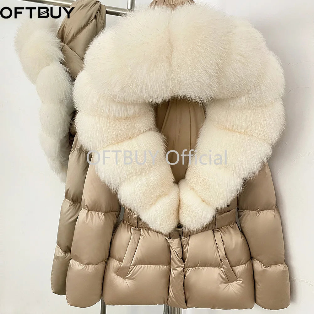 OFTBUY New Fashion Winter Clothes Women Duck Down Coat with Big Natural Fur Collar Belt Hooded Real Fox Fur Puffer Jacket Female