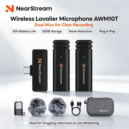 NearStream AWM10T Plus 1-to-2 Wireless Lavalier Microphone, AI DSP Noise Canceling, 33Ft Stable Transmission, 6H Long Battery, Auto Pair Plug & Play Mic for Classroom Vlog Live Stream iPhone Android PC