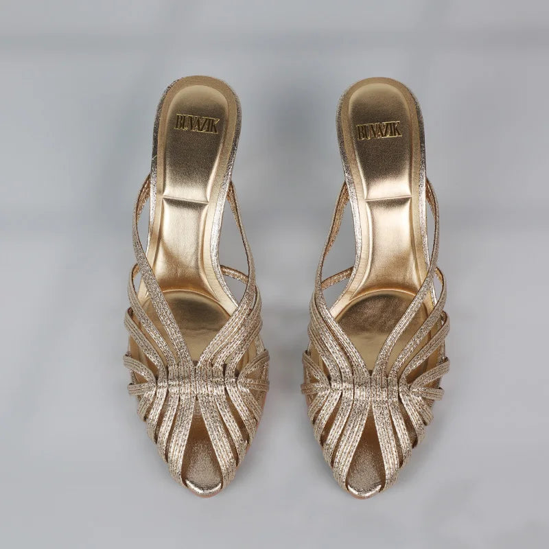 Women Shoes 2025 New Gold Hollow High Heels Luxury Pointed Toe Heeled Pumps for Women Office Mules Summer Stiletto Shoes Sandals