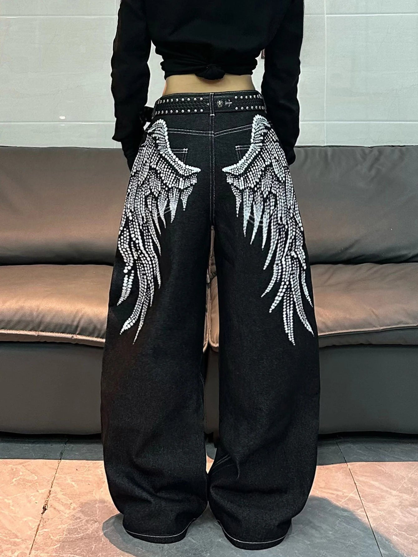American Retro Angel Wings Print Black Women's Loose Wide-Leg Jeans Y2K Street Hip-Hop Trend Versatile Straight Trousers
