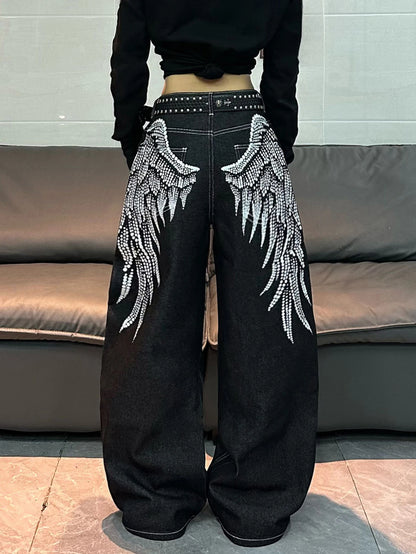 American Retro Angel Wings Print Black Women's Loose Wide-Leg Jeans Y2K Street Hip-Hop Trend Versatile Straight Trousers