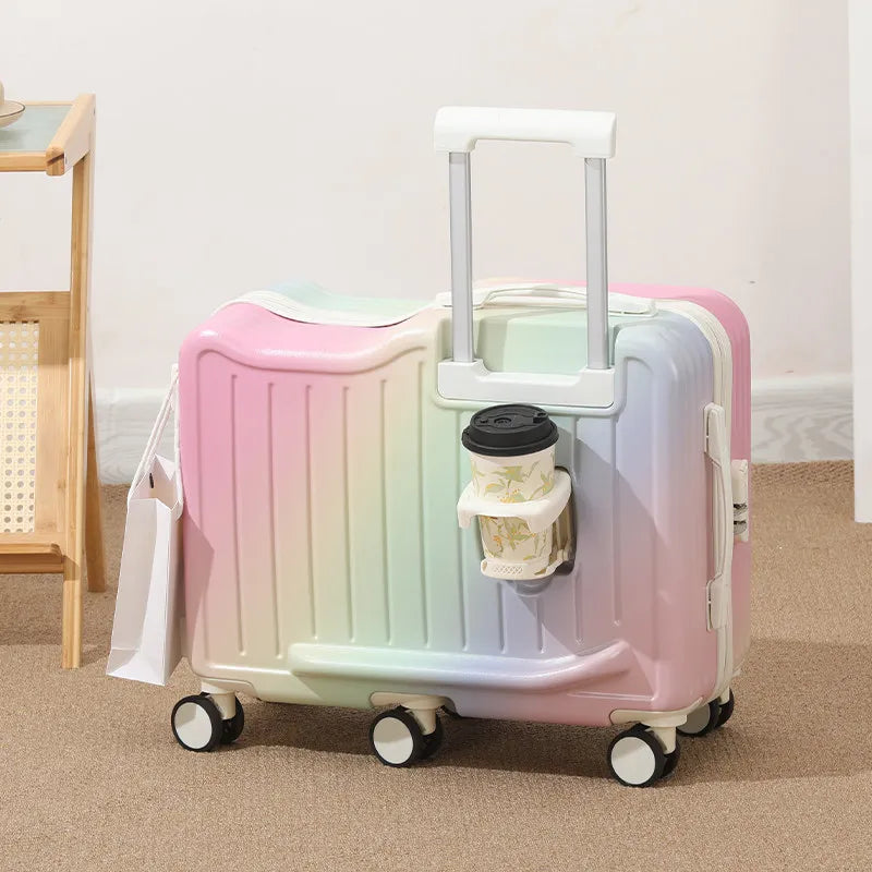 Gradient Color kids' Luggage Can Ride Small Travel Boarding Box with Cup Holder and Combination Lock 20/22inch Suitcase Children